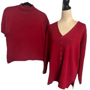 Talbots Vintage Sweater Lot Set Size PM 100% Cotton Cherry Red Top Cardigan